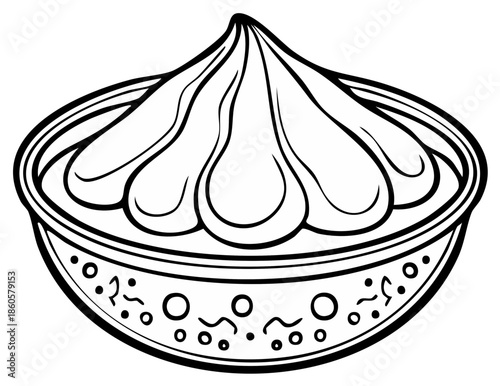 Decorative bowl with ornate design and stylized creamy topping illustration.