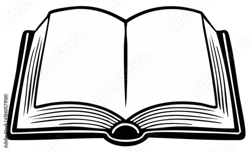 Open Book with Blank Pages Black and White Line Art Illustration