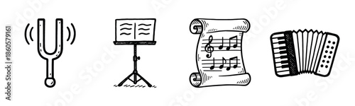 Musical elements: tuning fork, music stand, sheet music, accordion sketches