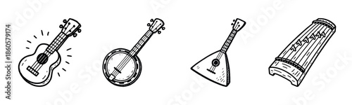 Set of string instruments: guitar, banjo, balalaika, and gusli in black and white