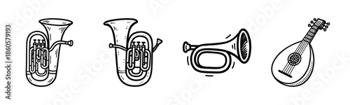Vintage musical instruments: tuba, trumpet, and lute illustrations in black and white