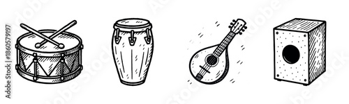 Hand-drawn musical instruments: drum, conga, mandolin, cajon sketches