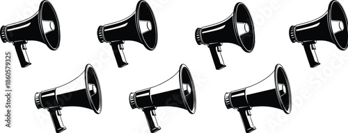 Megaphone loudspeaker illustration collection showing announcement bullhorn devices isolated black vector icons for marketing promotion communication advertising design