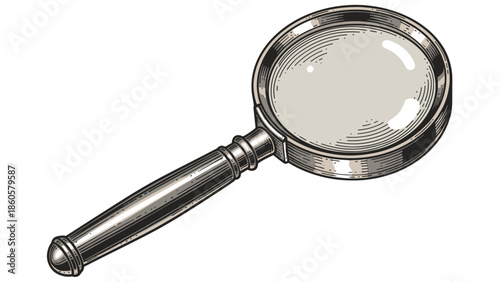 Detailed engraved magnifying glass illustration on white background