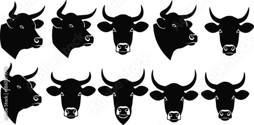 Bull head silhouette collection showing different angles of horned cattle faces isolated black vector illustration farm animal icon set