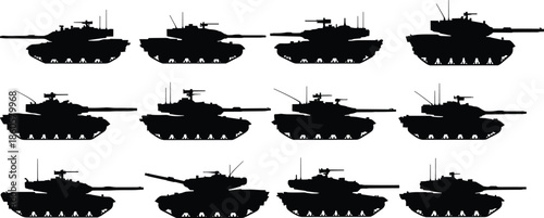 Military tank silhouette collection showing modern armored battle vehicles isolated black vector illustration set for defense warfare design use projects