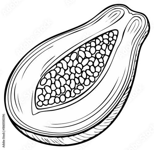 Black and white line art illustration of a halved papaya fruit with seeds for a coloring page