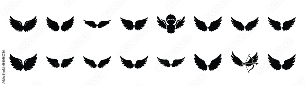 Fototapeta premium A set of cupid wings spread minimal flat vector icon set. valentines day design element.