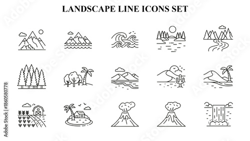 Collection of minimalist outline icons depicting various natural landscapes including mountains oceans volcanoes forests and tropical island scenes