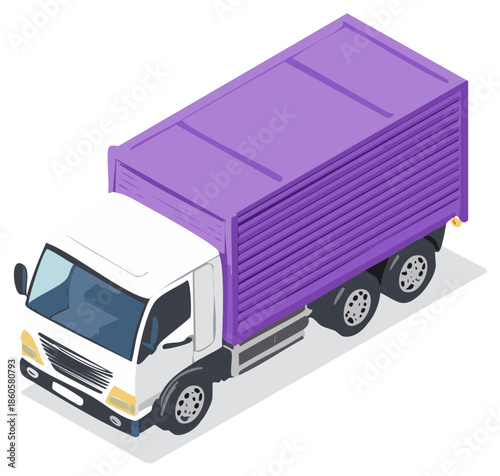 Illustration of a white delivery truck with a purple cargo box and multiple wheels