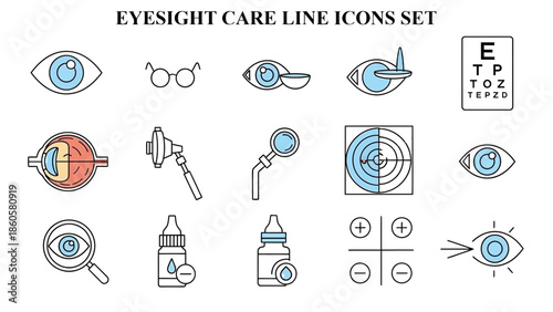 Collection of simple line icons illustrating various ophthalmology concepts including eye anatomy vision testing and medical procedures for visual health