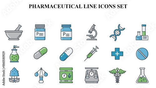 A colorful collection of essential pharmacy and medical laboratory icons representing healthcare science diagnostics research and drug development concepts isolated on black