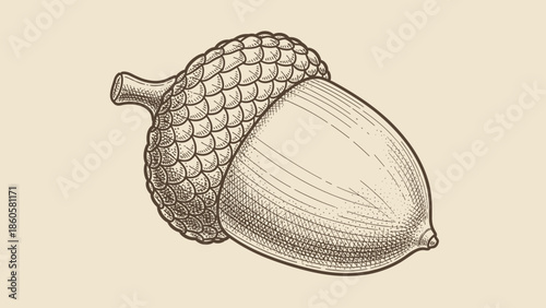 Detailed illustration of an acorn with textured cap and smooth shell
