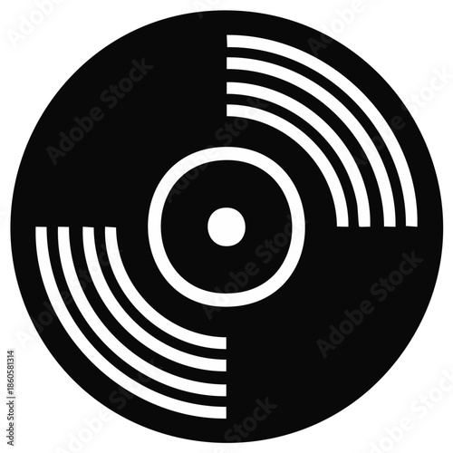 Vinyl Record Icon with Musical Rhythms Portrayed in a Stylized Black and White Minimalist Design