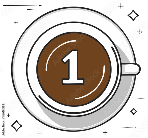 Cup of Coffee Illustration Showing Number One Top View with Decorative Elements