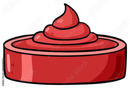 Simple cartoon vector illustration of a swirled red sauce or condiment in a small dipping bowl.