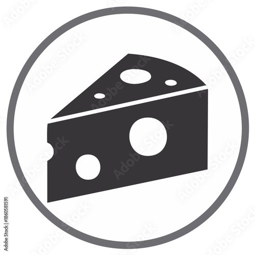 Flat vector icon of a cheese wedge with holes. Simple food silhouette in a circle.