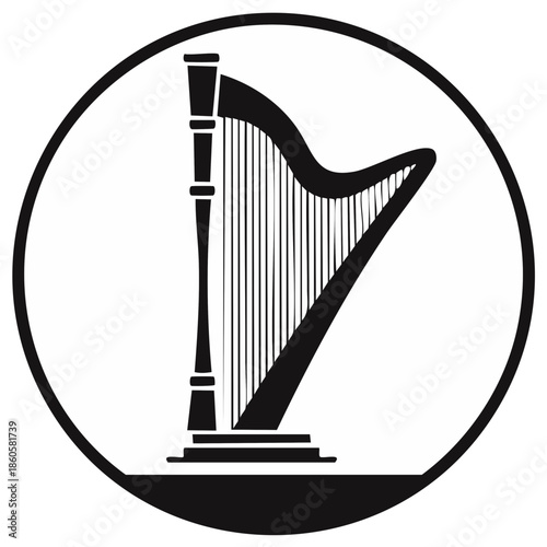 Black and white harp silhouette icon symbol for music and elegance