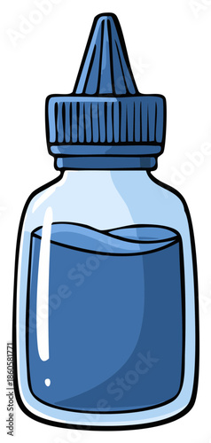 Cartoon illustration of a blue dropper bottle containing liquid for medicine, ink, or cosmetics.