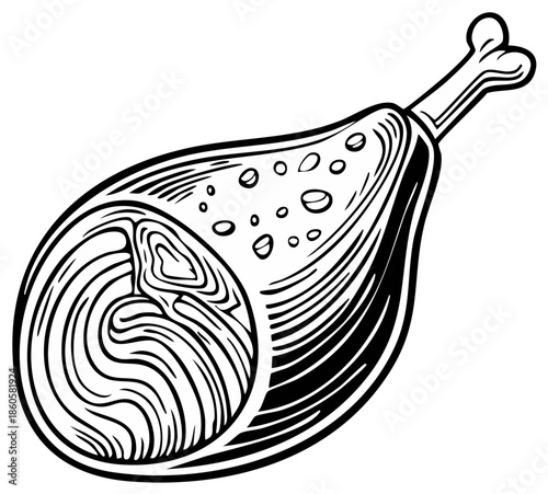 Classic Butchered Ham Shank with Bone Engraving Style Food Graphic