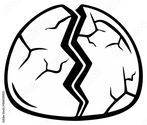 Stylized illustration of a cracked egg with a bold black outline and internal fracture lines
