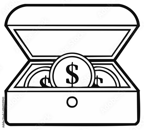 Simple black and white line art of an open treasure chest filled with dollar coins representing wealth and savings