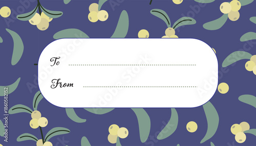 Christmas gift tag with mistletoe pattern and To From text. Flat vector holiday label design in blue, green and cream colors, perfect for printable gift wrapping or seasonal packaging.