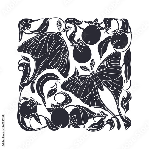 Art nouveau luna moth and persimmon fruits hand drawn monochrome print. Vintage black silhouette insect and plant design