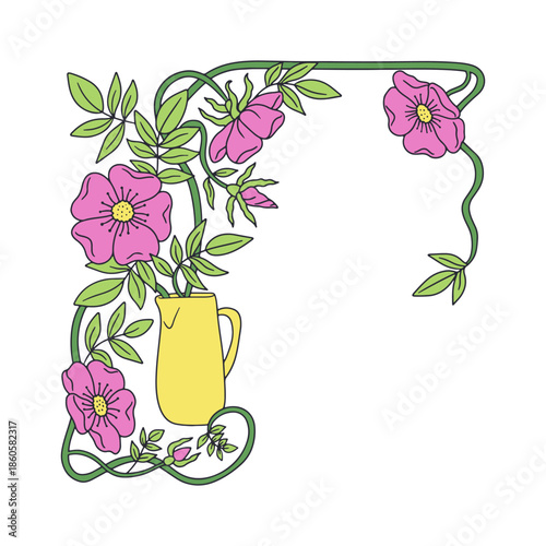 Art nouveau vintage hand drawn vase with pink wild rose flowers and leaves frame vector illustration. Retro floral border template