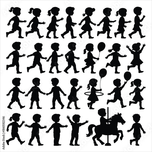 Various black silhouettes of diverse children engaged in playful activities and walking on white