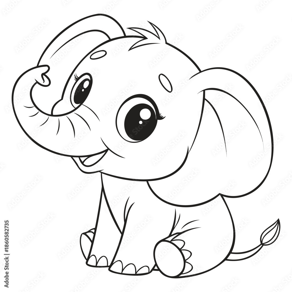 Obraz premium BABY ELEPHANT SKETCH WITH LARGE PLAYFUL EYES AND FRILLY EARS FOR NURSERY WALL ART BIRTH ANNOUNCEMENT CARDS AND WHIMSICAL ANIMAL ILLUSTRATIONS