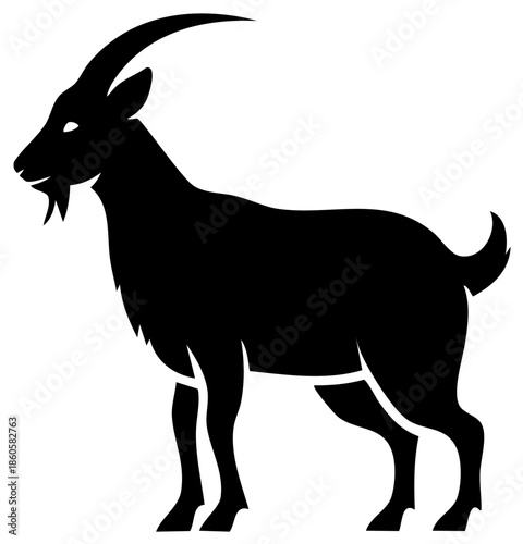 Silhouette of a standing goat, animal farm livestock with large horns and thick fur. Illustration on white.