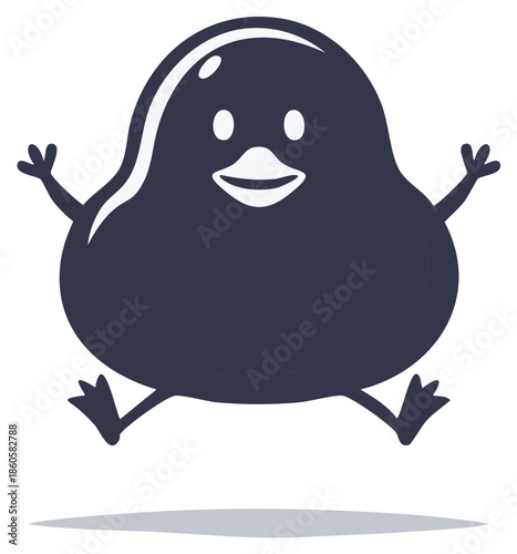 Cartoon penguin character jumping with joy, happy expression.