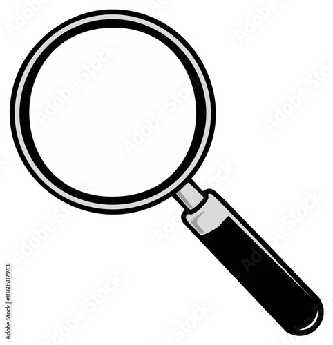 Simple cartoon magnifying glass with black handle and metallic rim over a white background