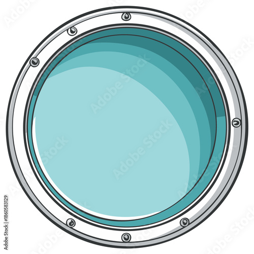 Cartoon illustration of a ship's porthole. Round window, metal frame and light blue glass