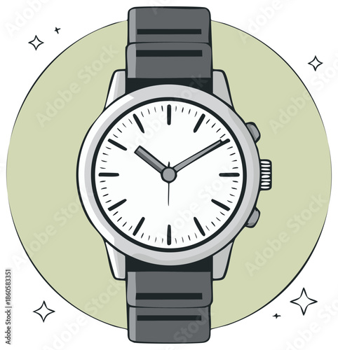 Hand watch with wristband illustration with time display and shiny stars against a soft green gradient background.
