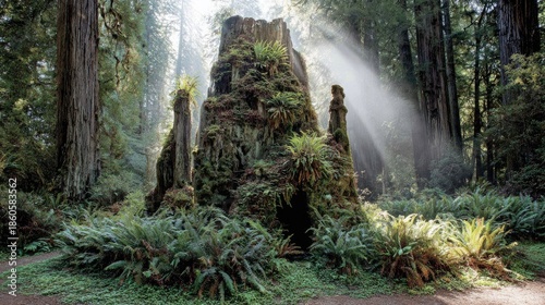 Sunbeams illuminate mossy tree stumps surrounded by lush ferns in a forest.