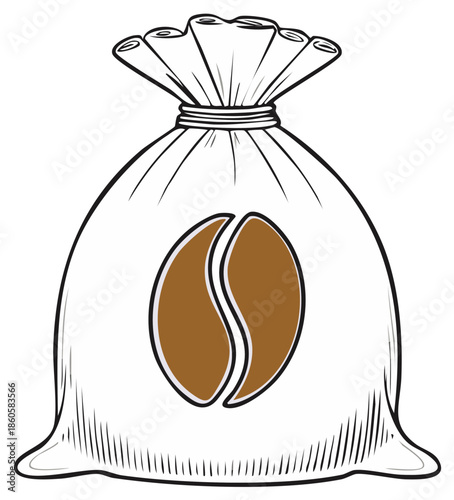 Coffee sack with a large bean logo icon in a hand drawn vintage style vector illustration