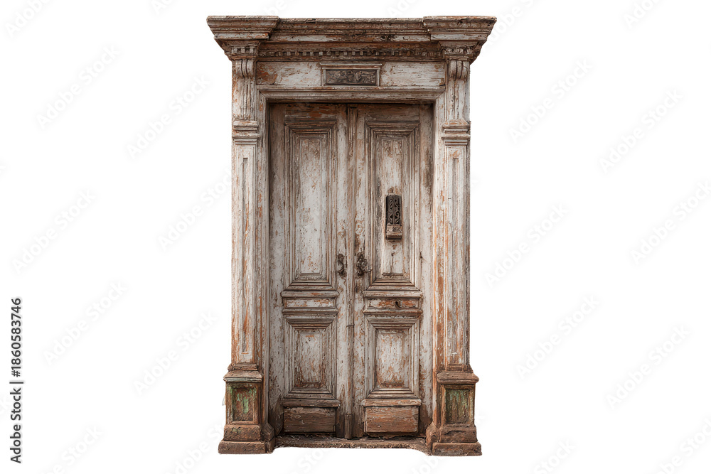 Fototapeta premium Old wooden door with detailed frame and weathered paint located in a rustic setting on a bright day