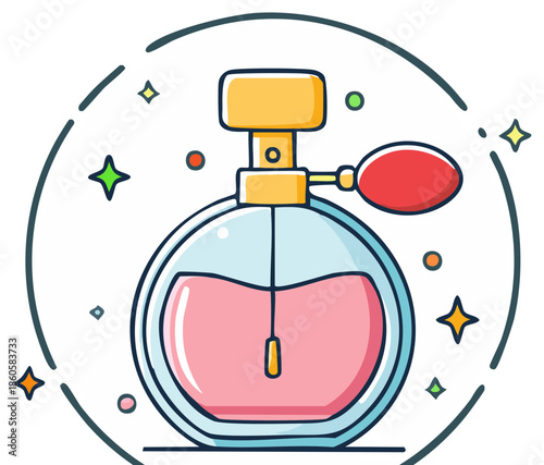 Colorful Illustration of a Perfume Bottle with Vaporizer Spray Pump surrounded with stars on a white background