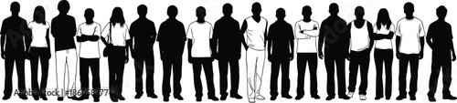 Large group of diverse men and women silhouettes standing in a long row, inclusive community demographic set for social marketing