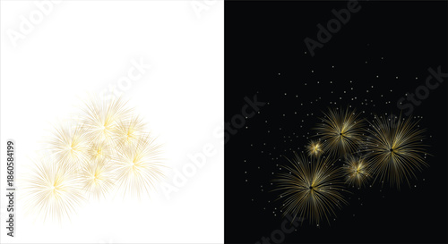 Abstract golden light bursts with sparkling effect, presented on contrasting white and black backdrops