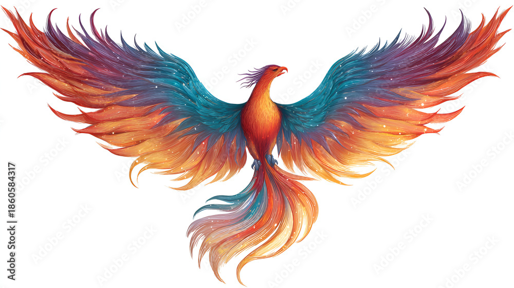 Obraz premium Vibrant phoenix bird with colorful wings spread wide freely