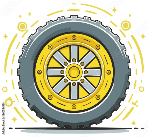 Cartoon off road vehicle wheel with a shiny gold and silver rim illustration with motion sparkles
