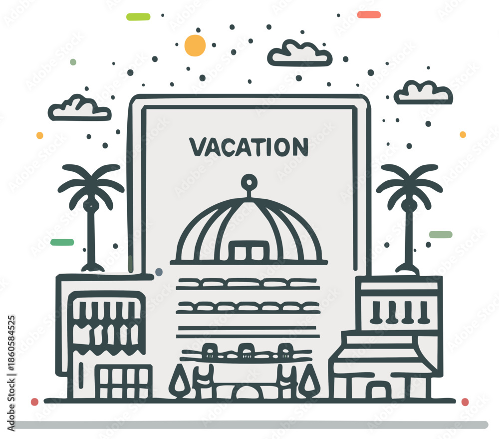 Naklejka premium Vacation Icon: Hotel Building, Palm Trees, Sun - Tourist Destination Concept in Minimal Flat Vector Illustration