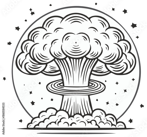 Graphic atomic mushroom cloud explosion in a circle with stars line art