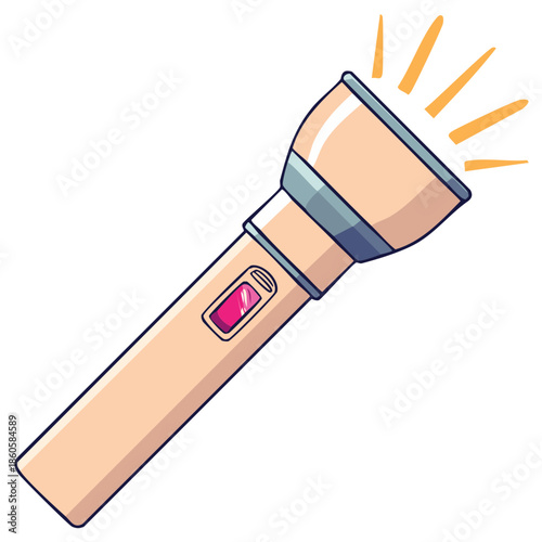 Illustrated flashlight shines brightly as emergency equipment or camping gear to illuminate the darkness with battery power