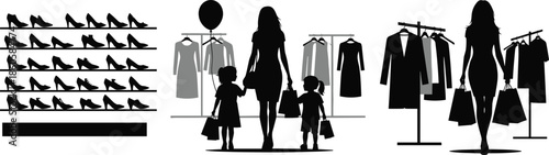 Silhouette of a woman shopping for shoes and clothes with children, retail boutique interior, fashion consumerism, family mall shopping experience.