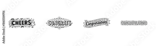 Decorative celebration text designs: cheers, congrats, congratulations