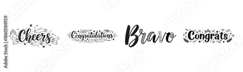 Decorative congratulations text designs featuring cheers, bravo, congrats